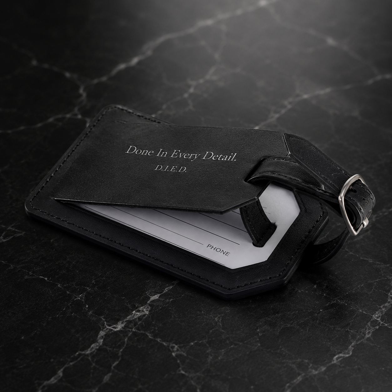 Black leather luggage tag